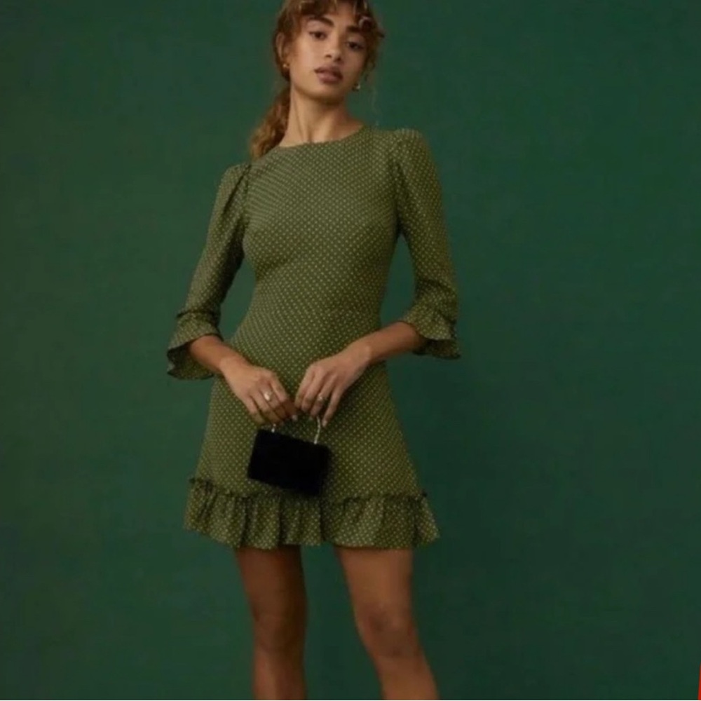 Reformation Doutzen Mini Dress Chiffon Half Sleeves Peat Green Polka Dots Size 8
